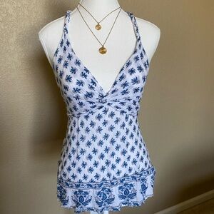 Free People White and Blue Peplum Bustier Tank Top